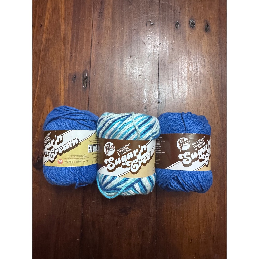 Lily Sugar'n Cream Cotton Yarn Bundle 3 Skeins Dazzle Blue & Hippie Worsted 4